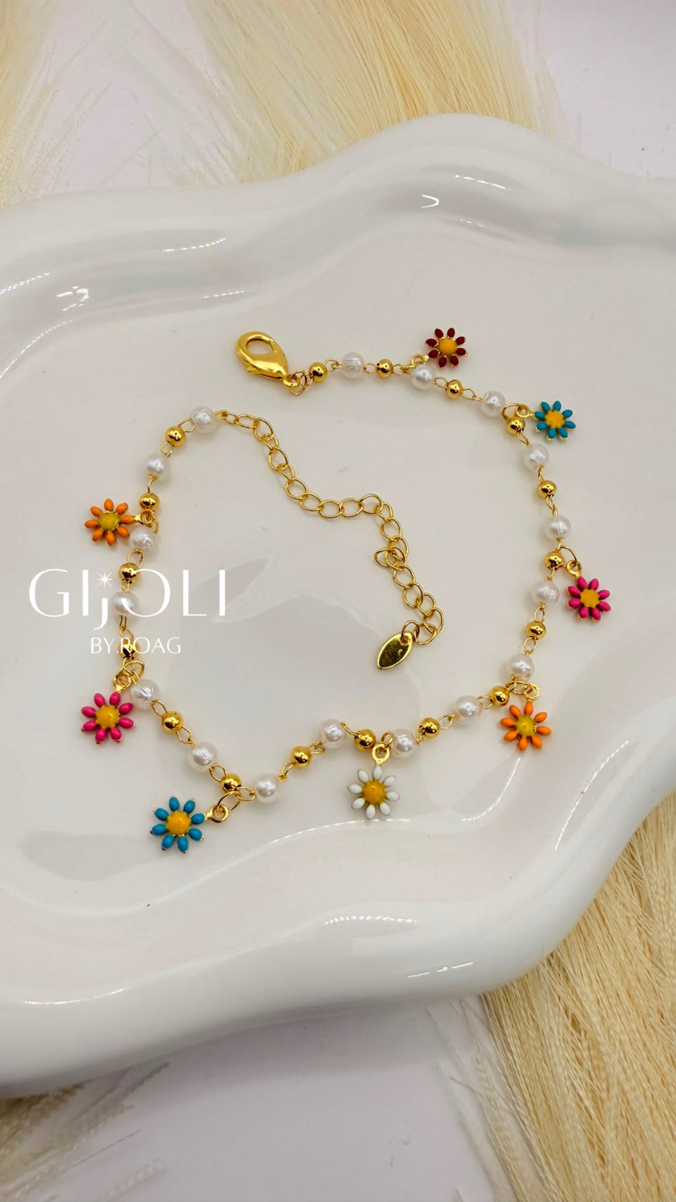 Tobillera Flores Multicolor C/Perlas